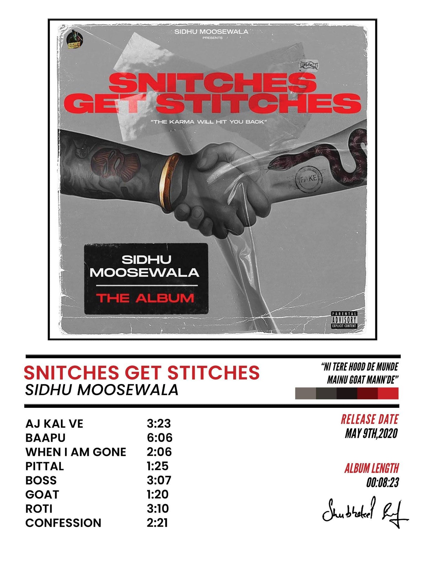 SNITCHES GET STITCHES - SIDHU MOOSE WALA POSTER